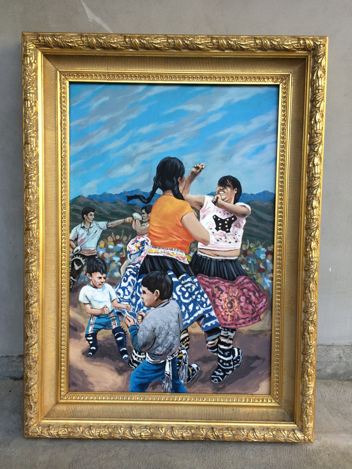 Original painting hand-painted for Takanakuy, framed in gilt on a white wall